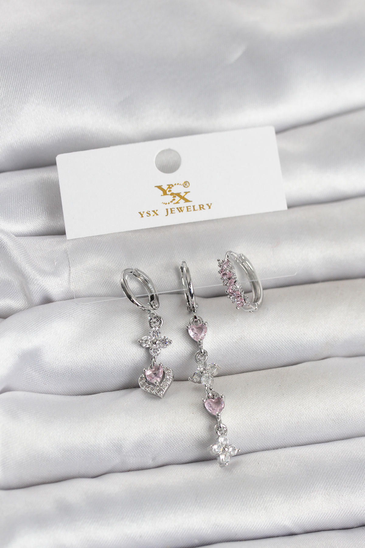 Pirinç Gümüş Renk Pembe Zirkon Taşlı 3’lü Kadın Küpe 5886