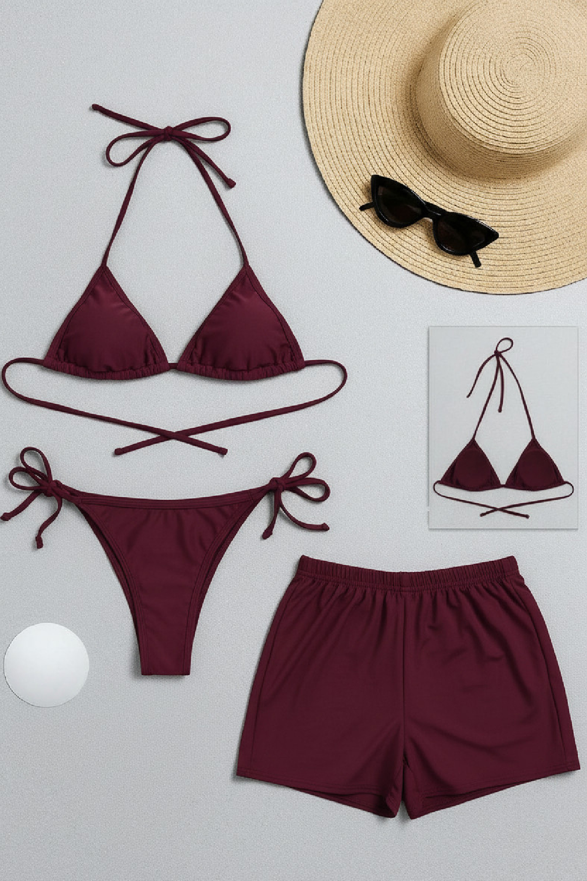 Kadın 3’lü Set Bordo Şortlu ve Yandan Bağlamalı Bikini Mayo Takımı