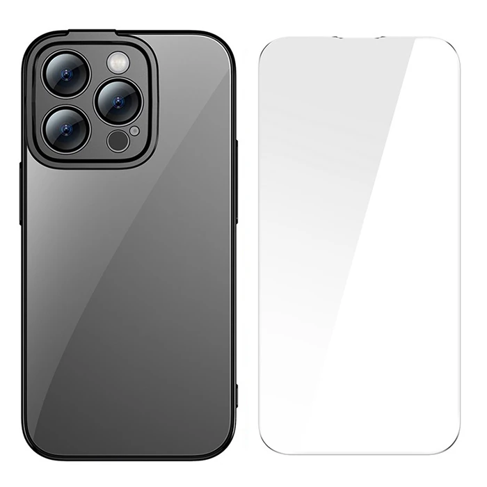 Baseus Glitter iPhone 14 Pro 6.1 Renkli Kenar Silikon Kılıf + Tempered Ekran Koruyucu Set-(5775)