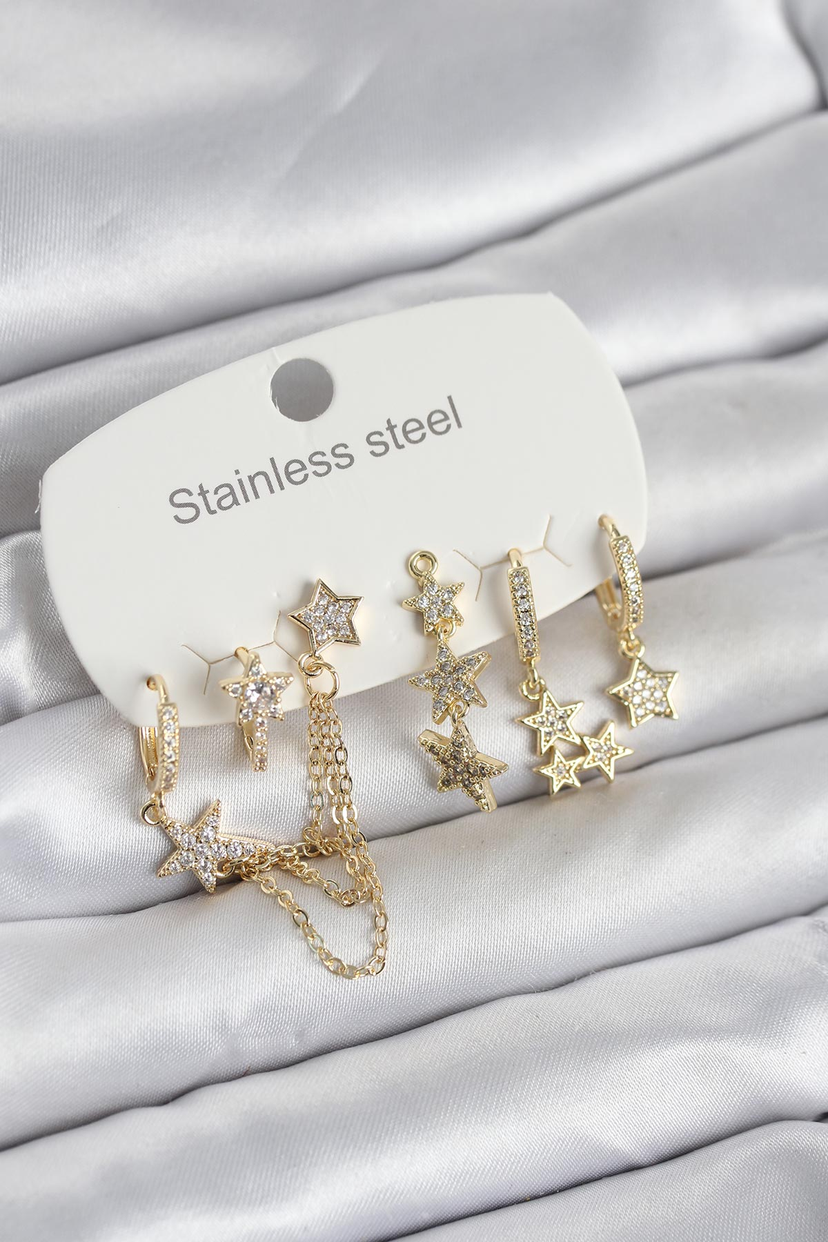 316L Çelik Gold Renk 6’lı Set Zincirli Yıldız Modelli Kadın Küpe 5886