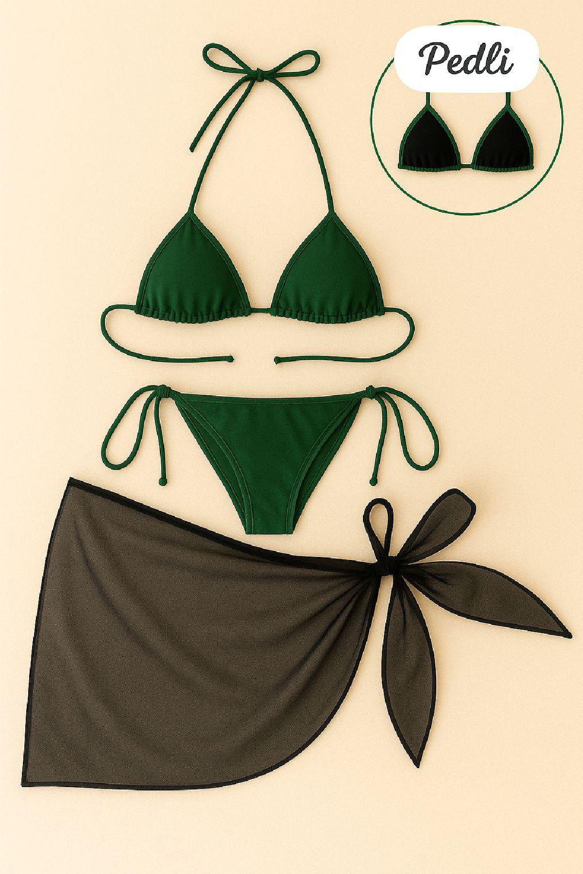 Kadın Yeşil Siyah Pareolu Yandan ve Boyundan Bağlamalı 3’lü Bikini Takımı