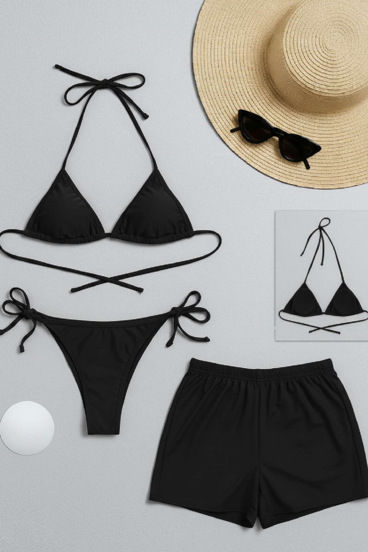 Kadın 3’lü Set Siyah Şortlu ve Yandan Bağlamalı Bikini Mayo Takımı