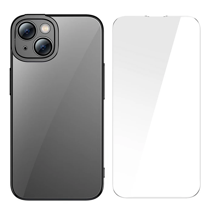 Baseus Glitter iPhone 14 Plus 6.7 Renkli Kenar Silikon Kılıf + Tempered Ekran Koruyucu Set-(5775)