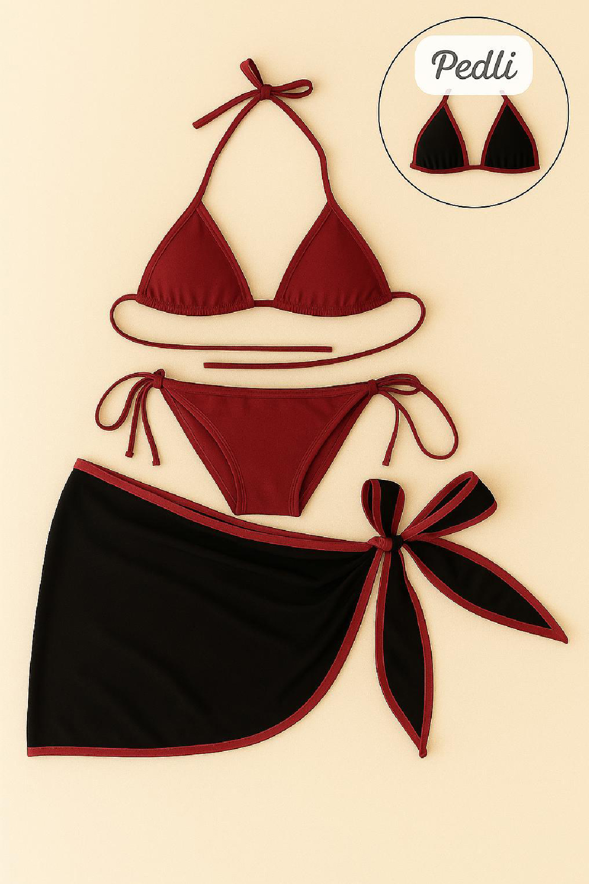 Kadın Bordo Siyah Pareolu Yandan ve Boyundan Bağlamalı 3’lü Bikini Takımı