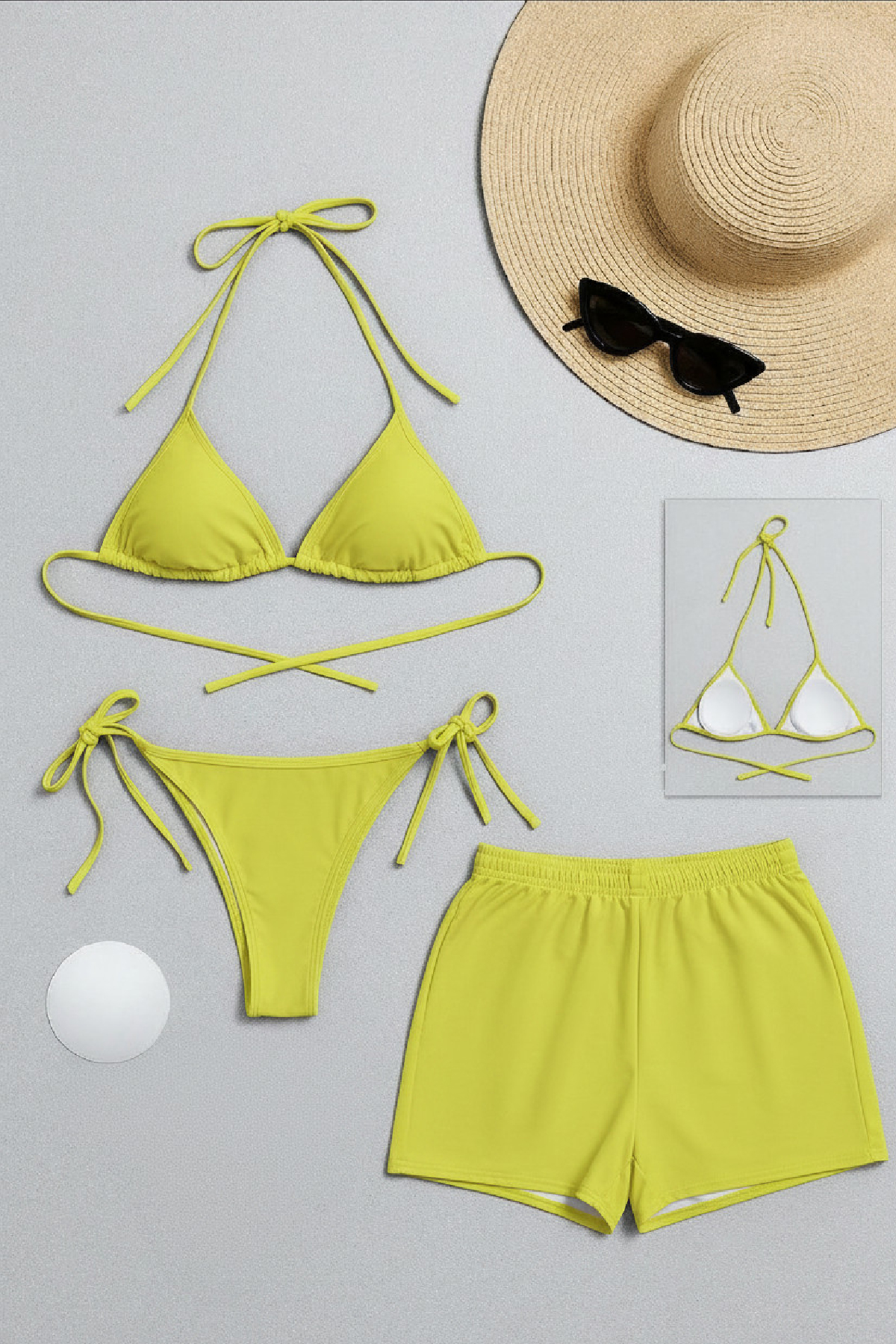 Kadın 3’lü Set Fosforlu Şortlu ve Yandan Bağlamalı Bikini Mayo Takımı