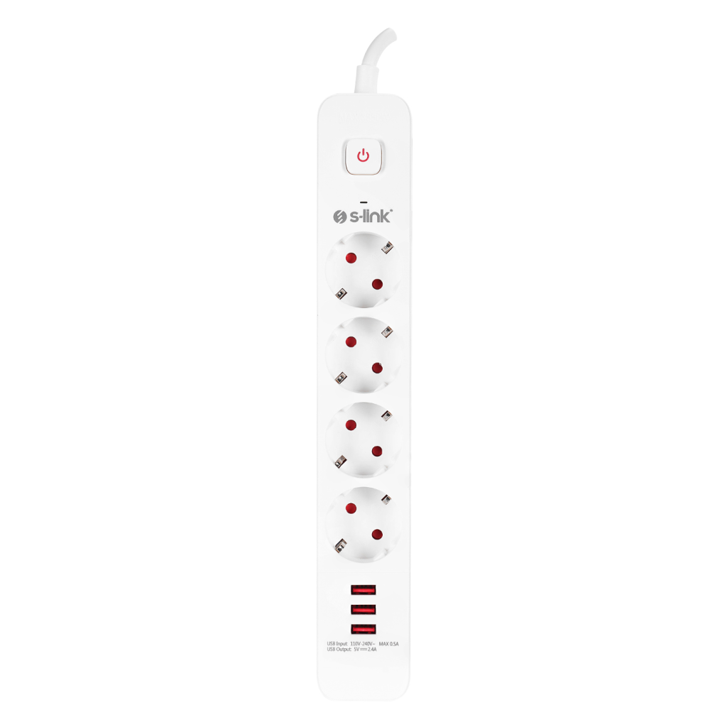 S-LINK SPG403U 4 Soket Akım Korumalı Priz 3xUSB 5V 2.4A 1.5Mt %100 Bakır 1.5mm Kablo 750 Joule (Beyaz)(1923)