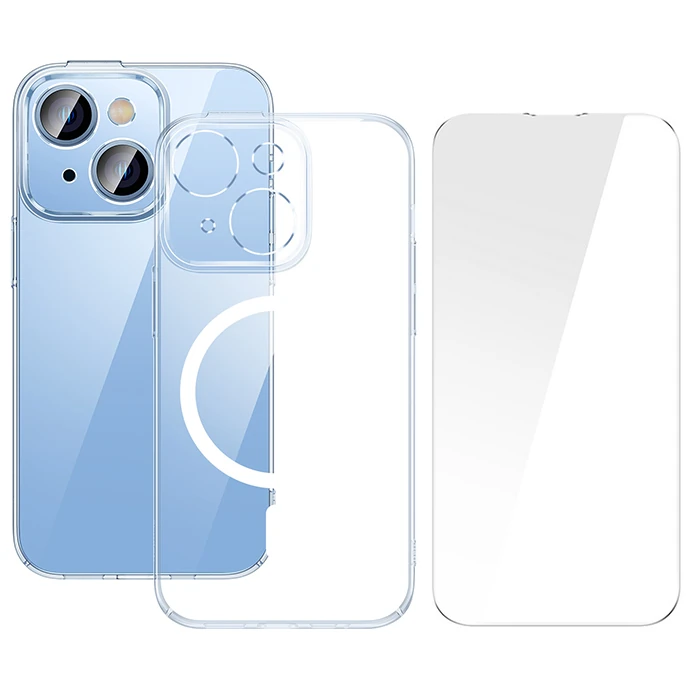 Baseus Crystal iPhone 14 Plus 6.7 Magsafe Silikon Kılıf + Tempered Ekran Koruyucu Set-(5775)