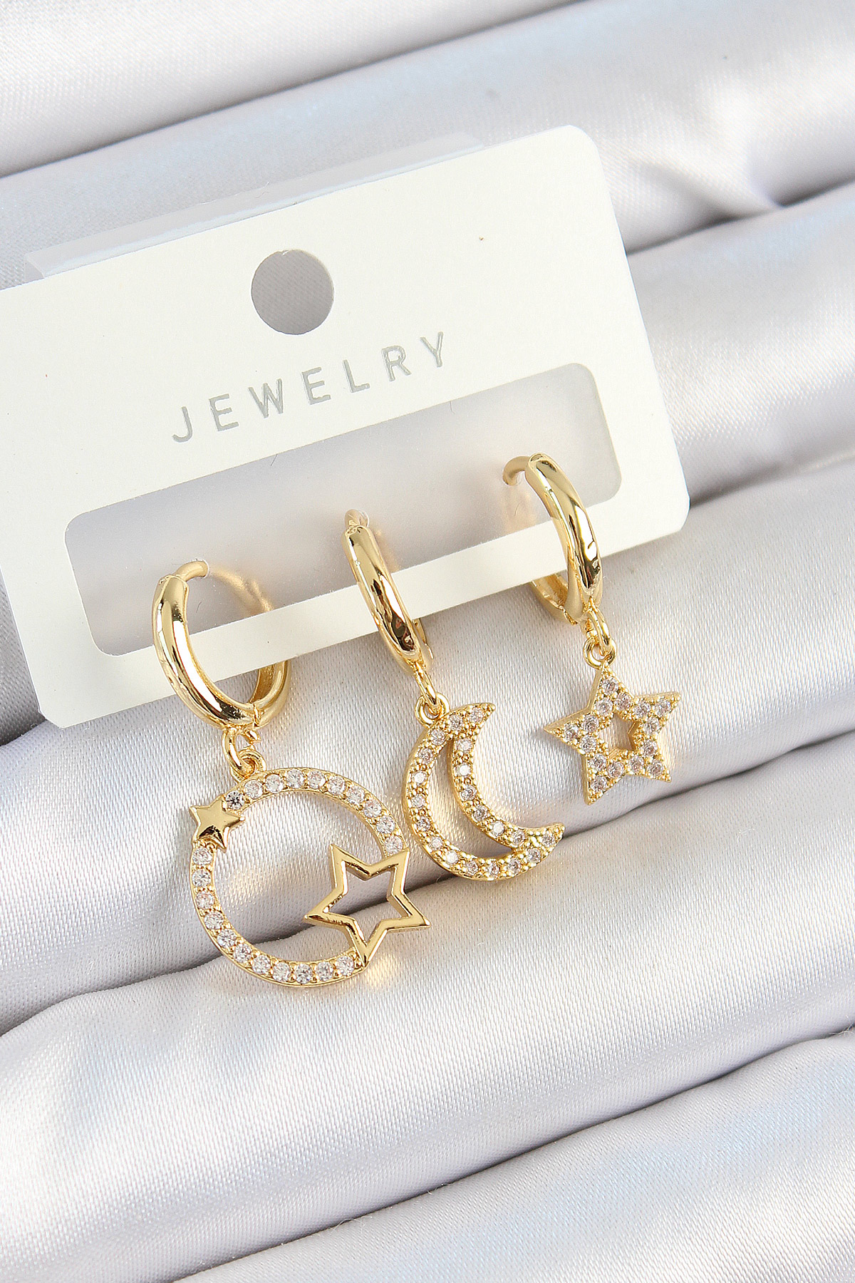 Pirinç Zirkon Taşlı Yıldız Ve Ay Model Gold Renk 3’lü Kadın Küpe Set 5886