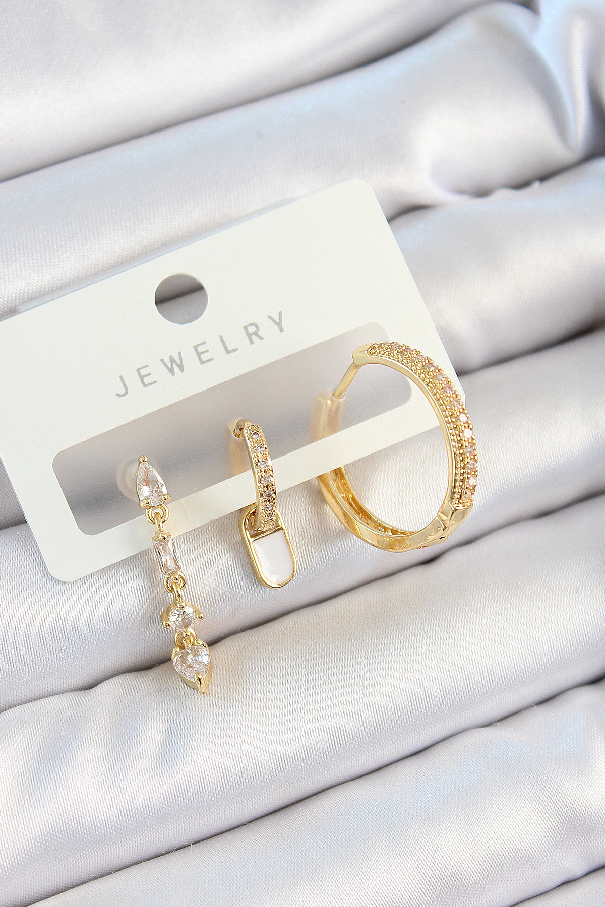 Pirinç Zirkon Taşlı Sallantılı Model Gold Renk 3’lü Çift Kadın Küpe Set 5886