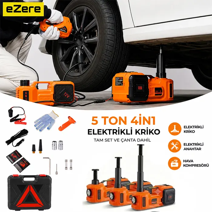 EZERE PowerLift Pro 5 Ton Çok Fonksiyonlu Elektrikli Hidrolik Kriko Lift Kaldırma / Kompresör / Bijon Sökme / LED Işık-(5775)