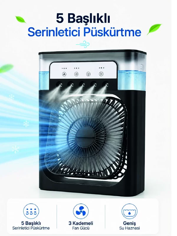 Modern Püskürtmeli Masaüstü Fan  Geniş Su Haznesi 5 Sis Çıkışı 3 Kademe Fan Gücü