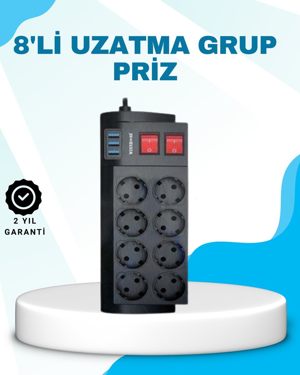 Isıya Dayanıklı Termal Akım Korumalı 8’li Priz ve 3 USB Girişli Uzatma Kablosu