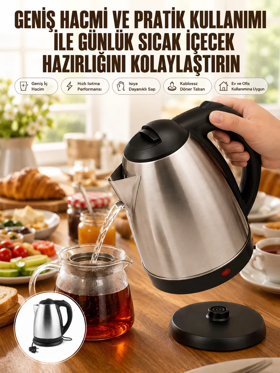Kettle Su Isıtıcı C F Priz Uyumlu 220 – 240 V Paslanmaz Çelik Kablolu